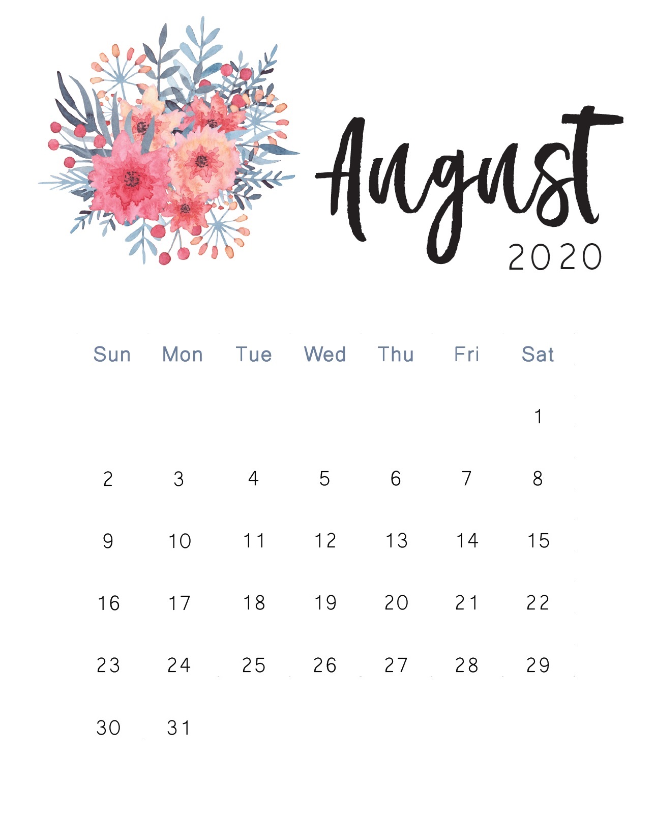 Floral August 2020 Calendar Printable