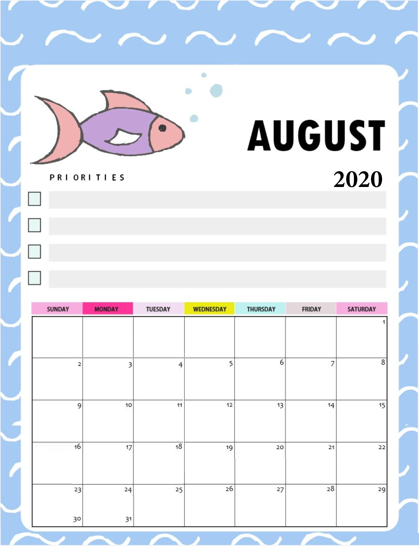 Free August 2020 Cute Calendar