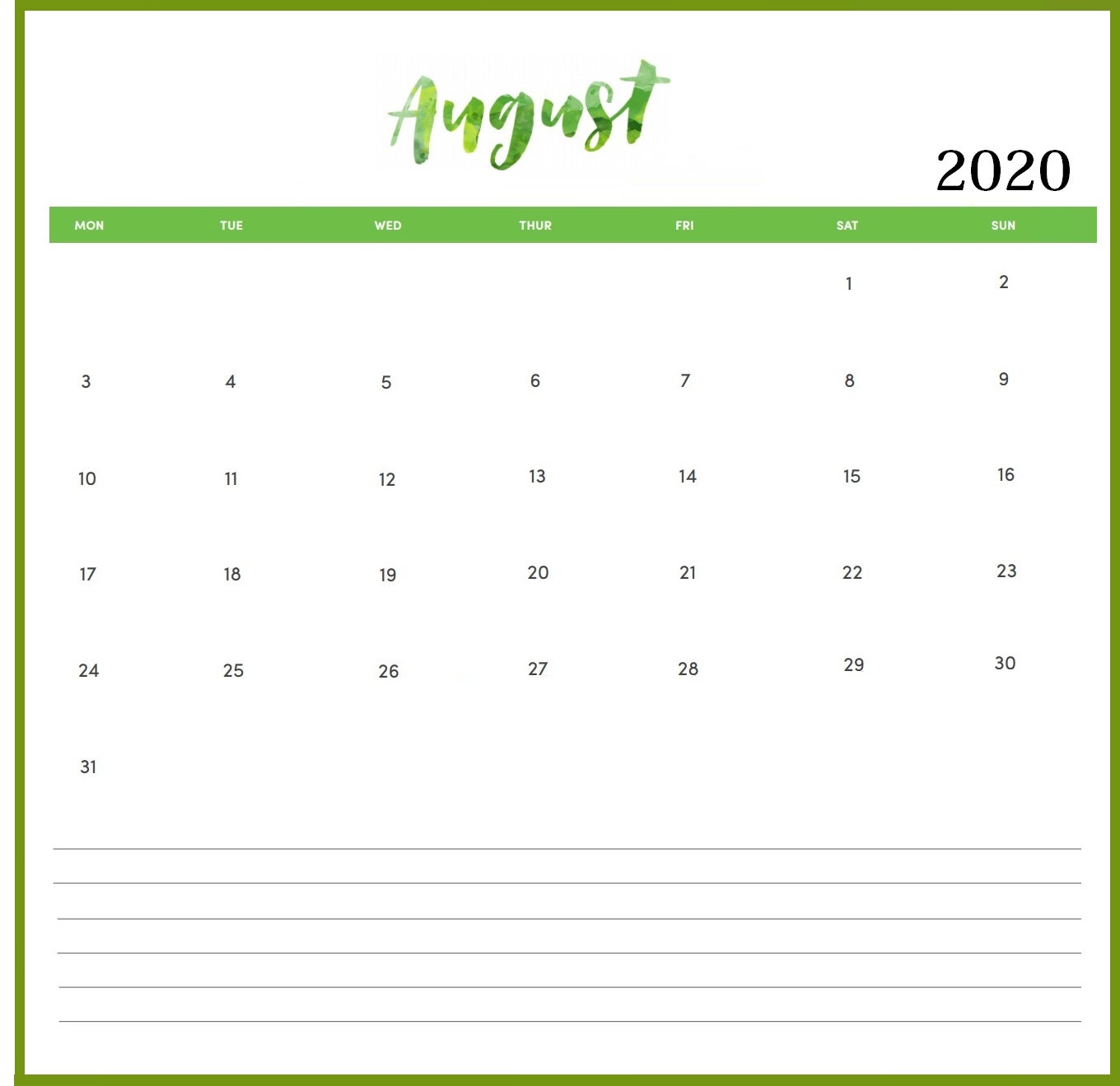 Free August 2020 Wall Calendar