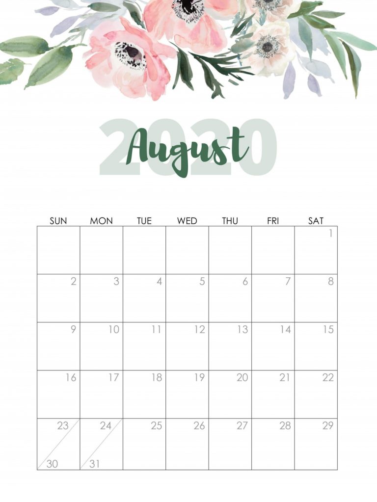 Floral August 2020 Calendar