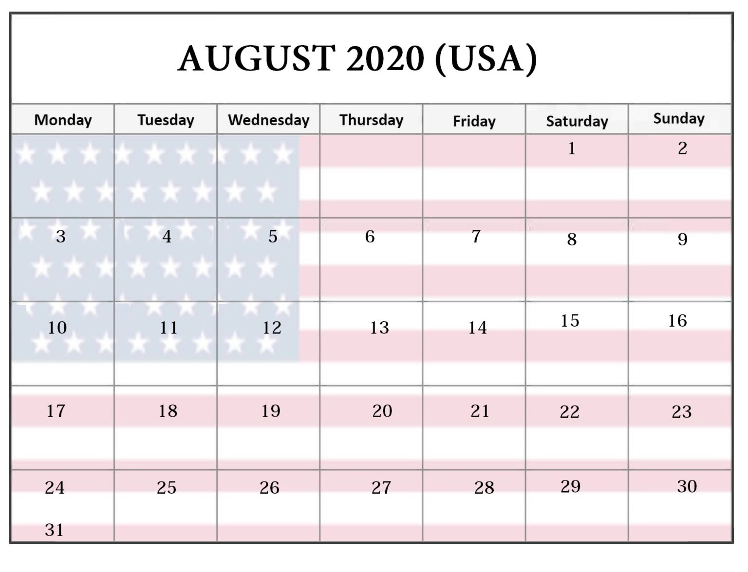 US August 2020 Bank Holidays Calendar