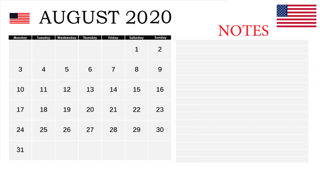 Calendar August 2020 With Holidays 