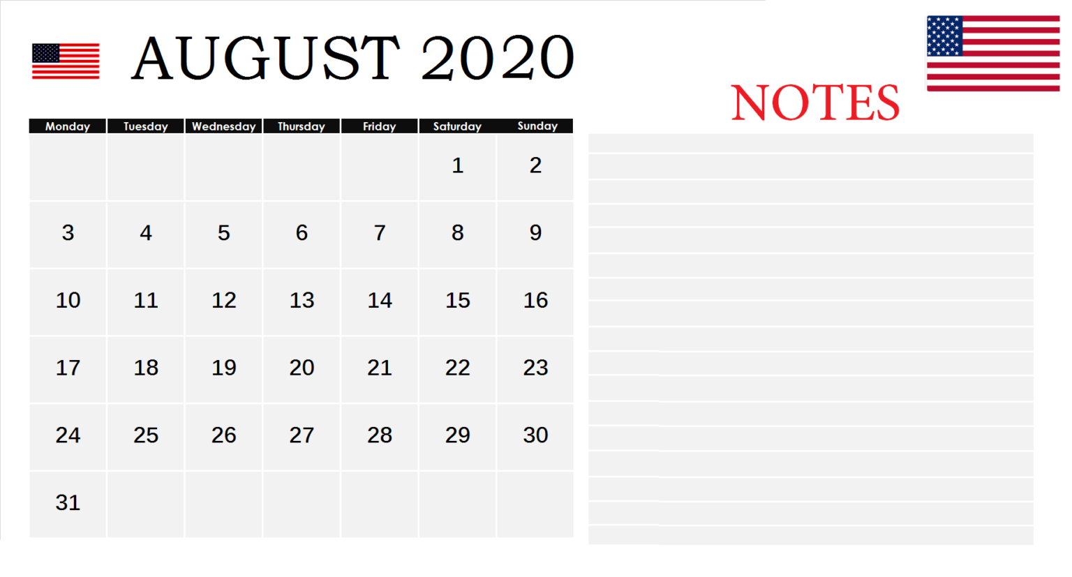 August 2020 Holidays Calendar