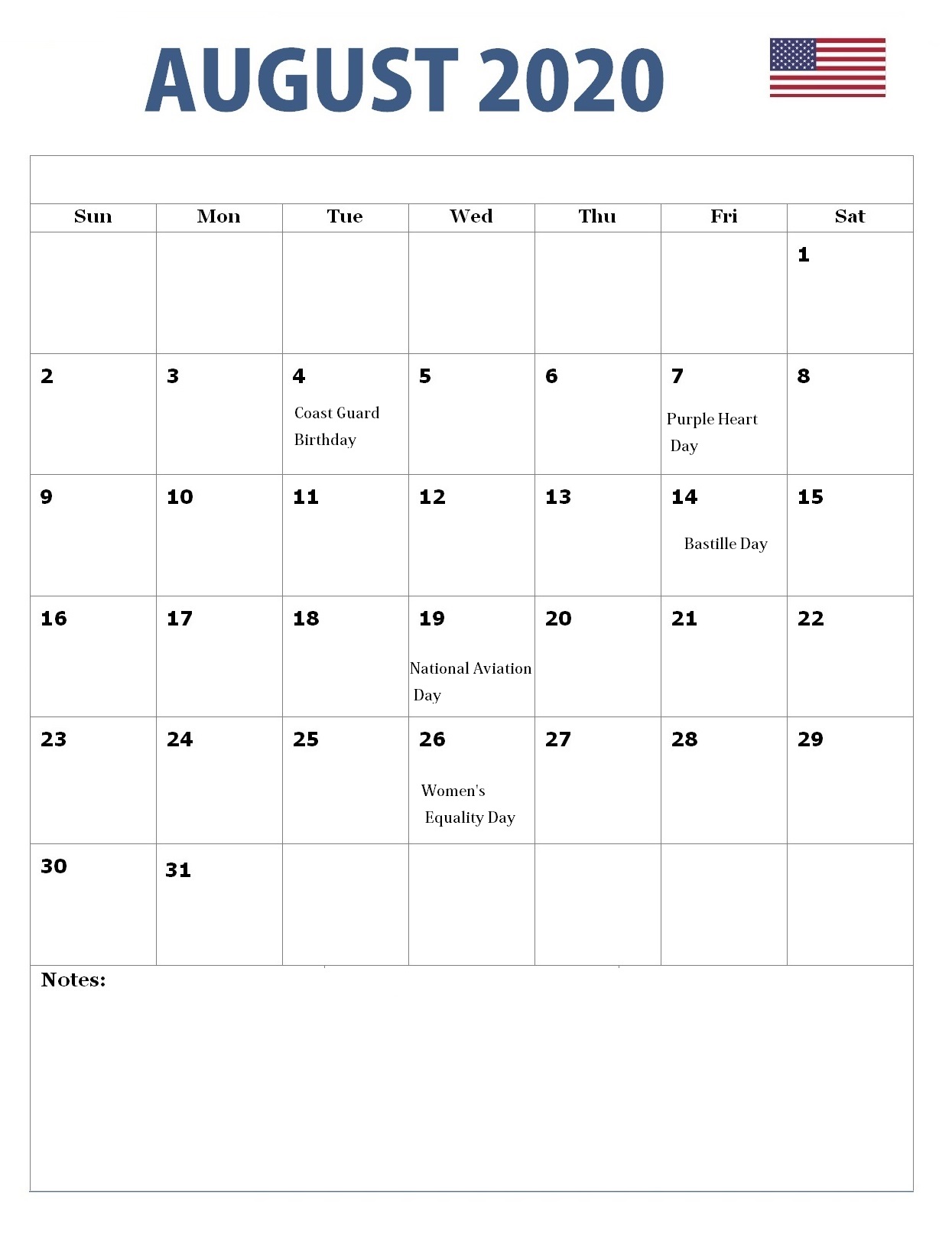 USA August 2020 Holidays Calendar