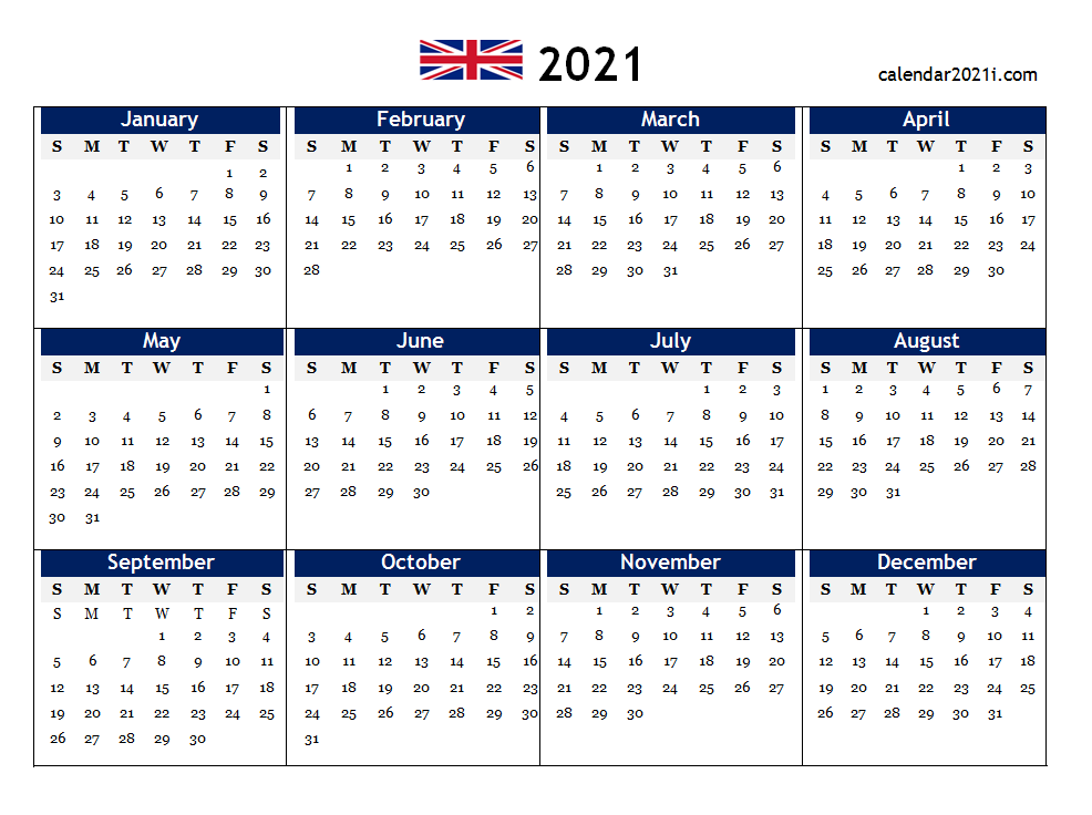 2021 UK Word Calendar Printable