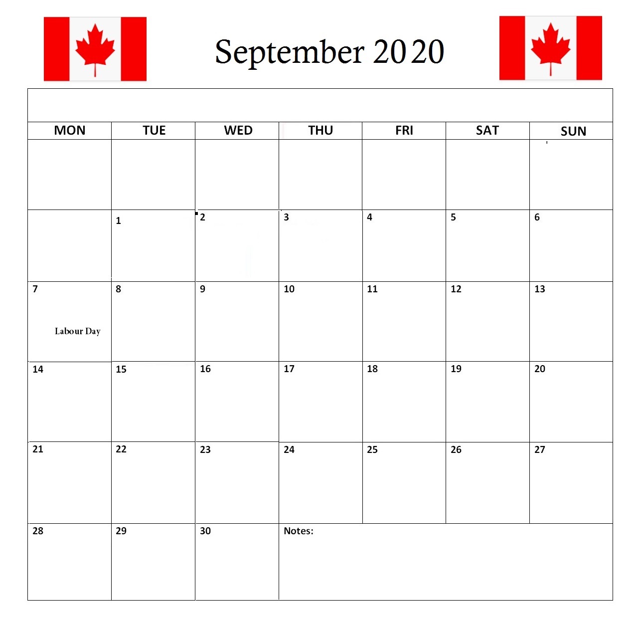 Canada September 2020 Holidays