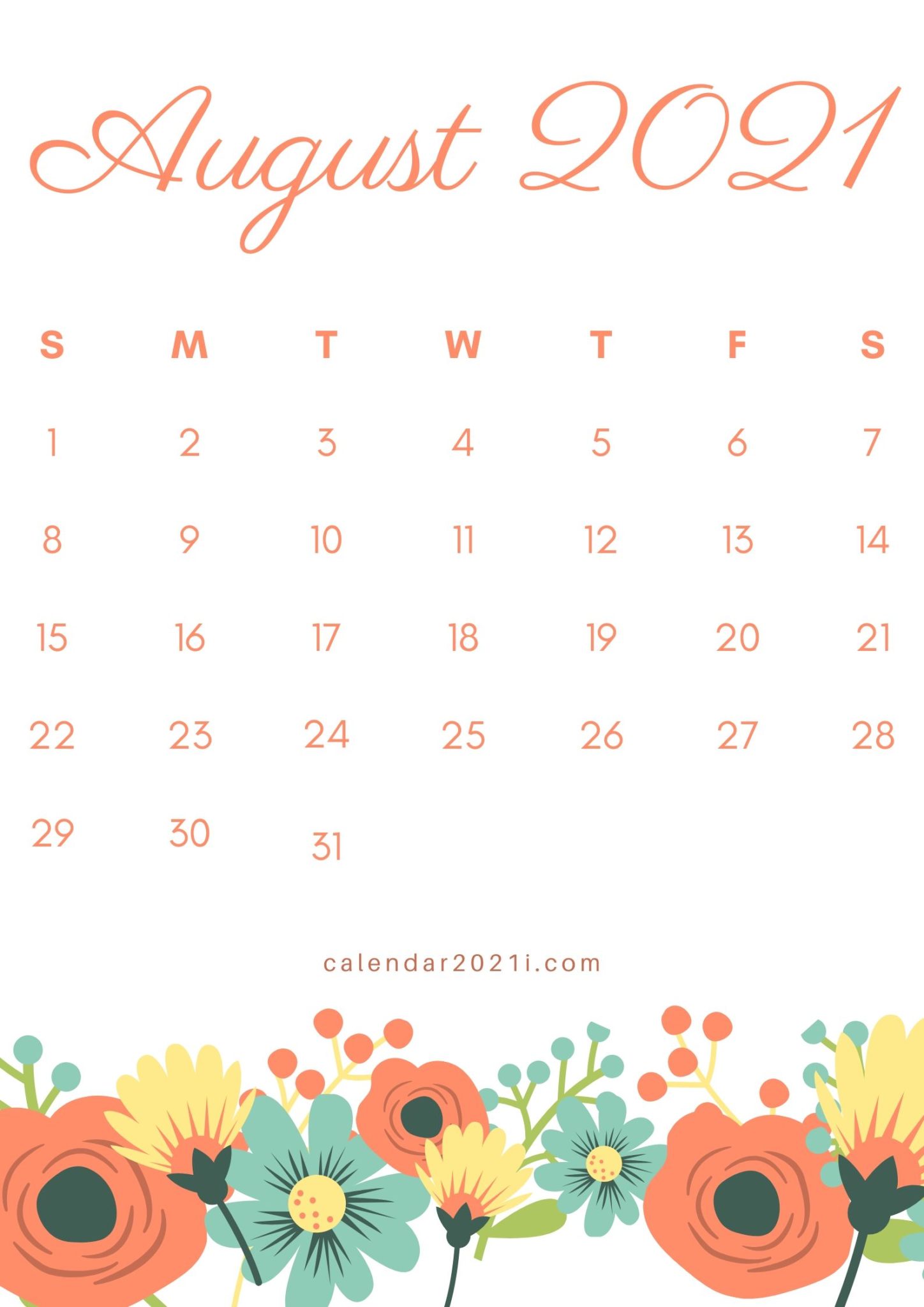 Floral August 2021 Calendar Printable