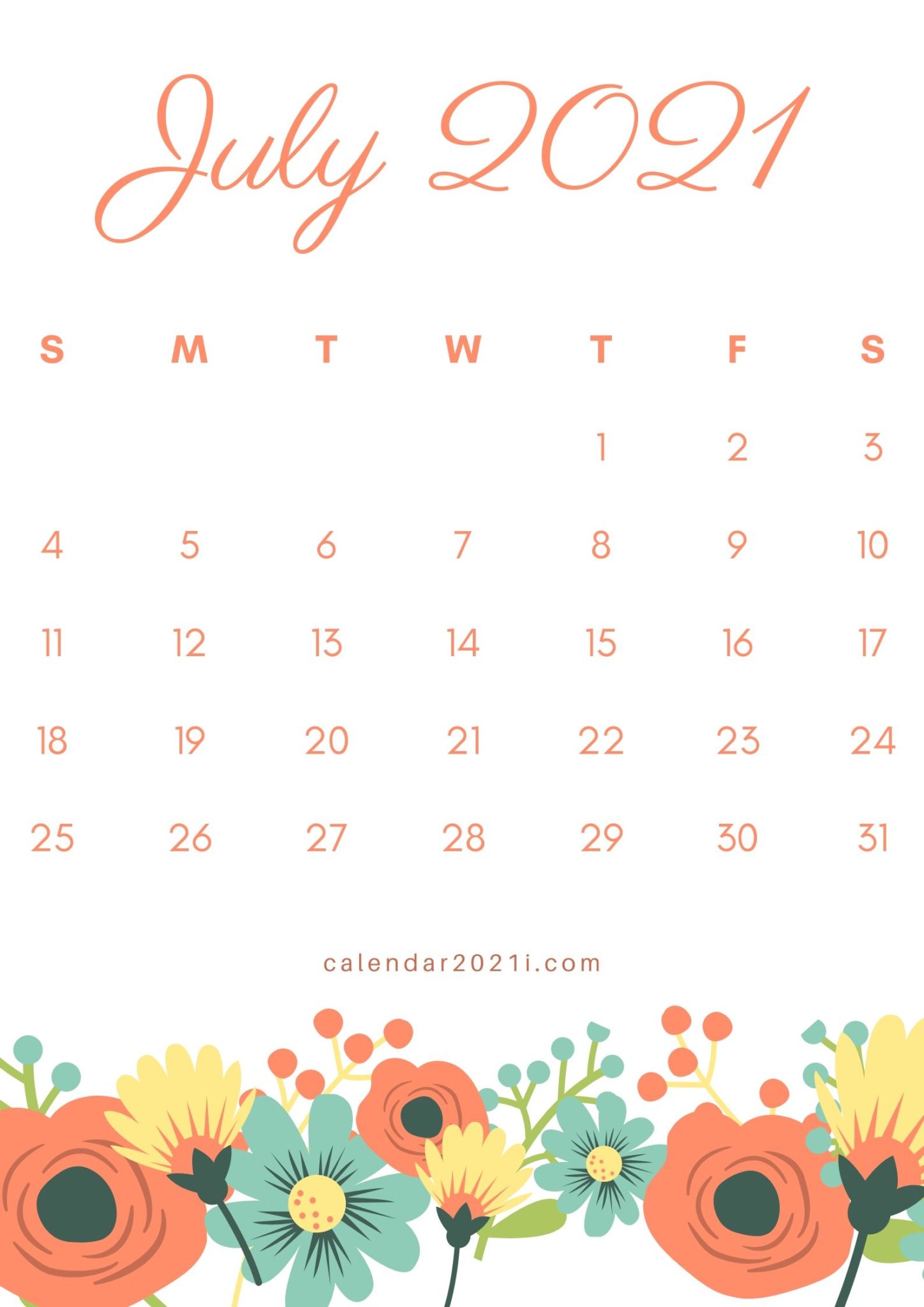 Floral July 2021 Calendar Printable