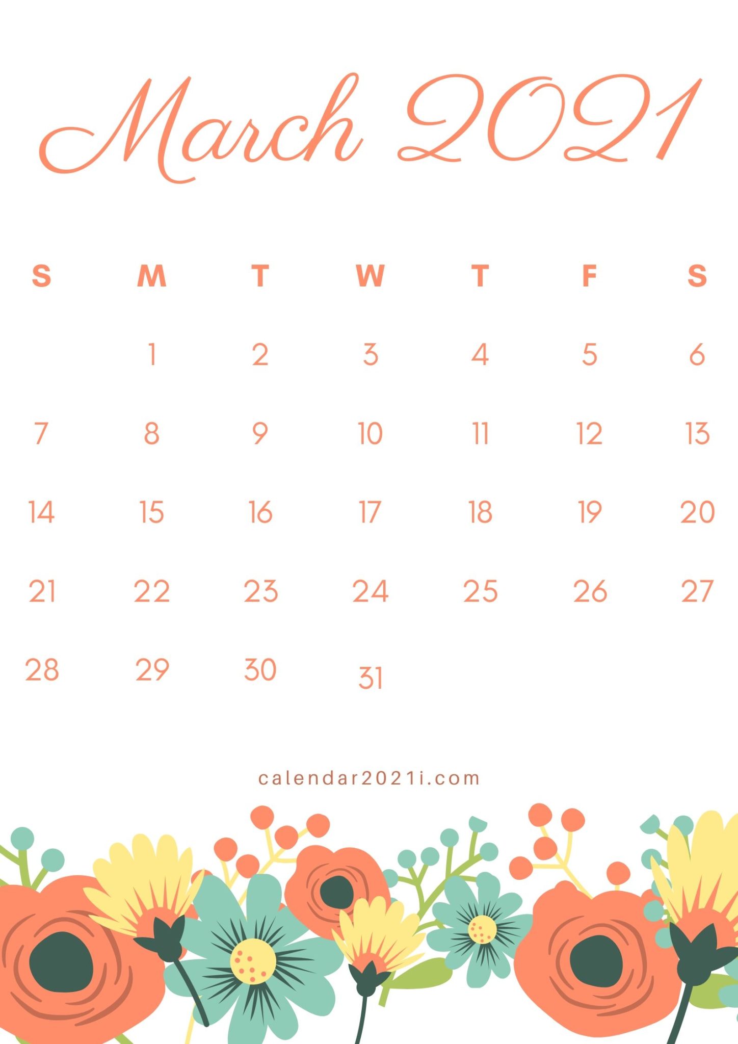 Floral March 2021 Calendar Printable