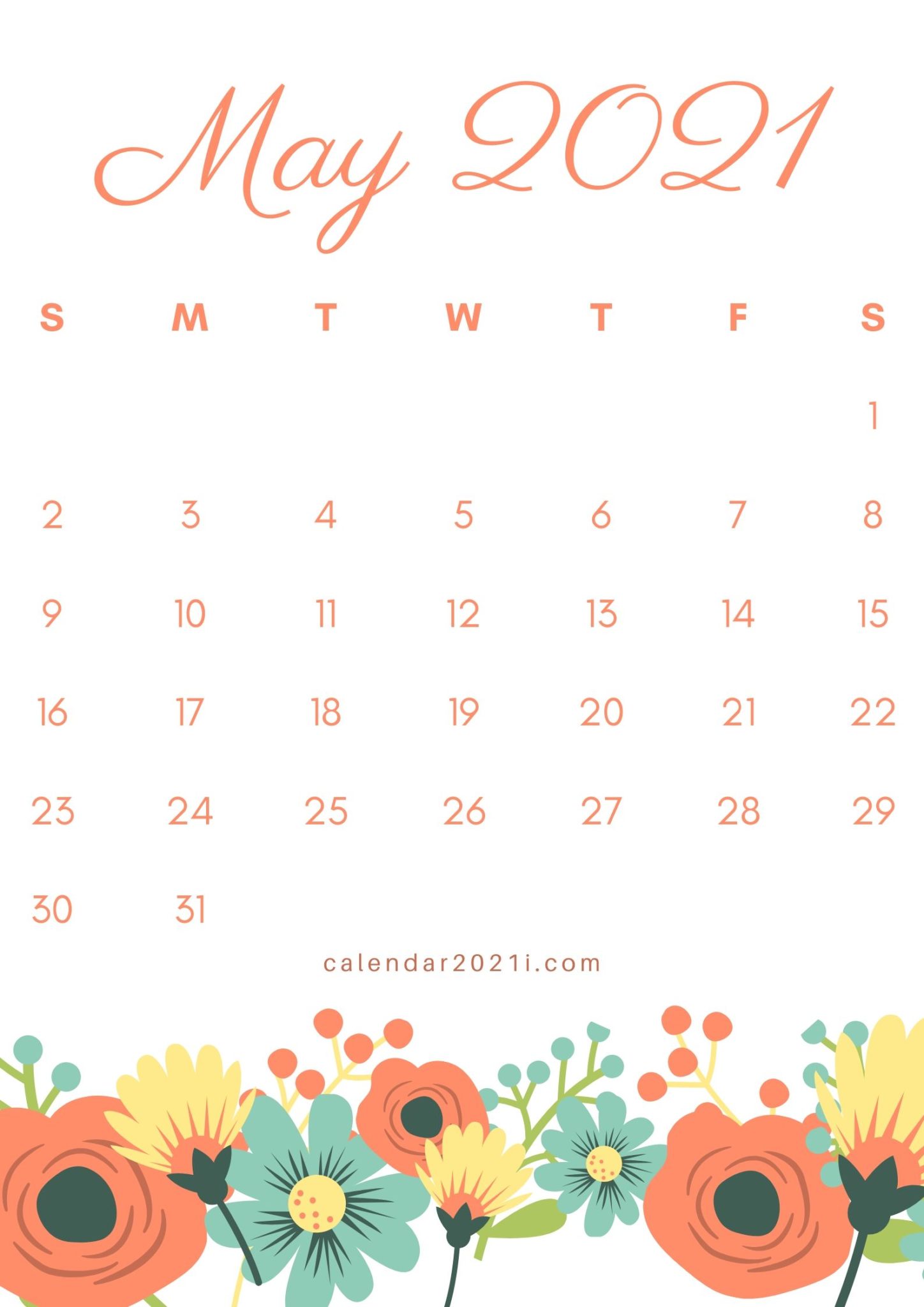 Floral May 2021 Calendar Printable