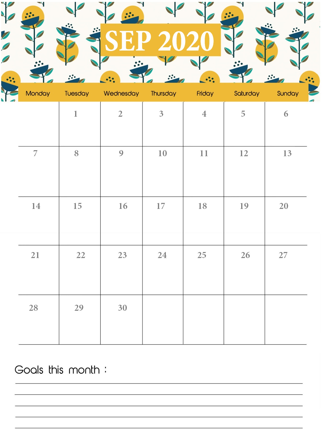 Floral September 2020 Wall Calendar