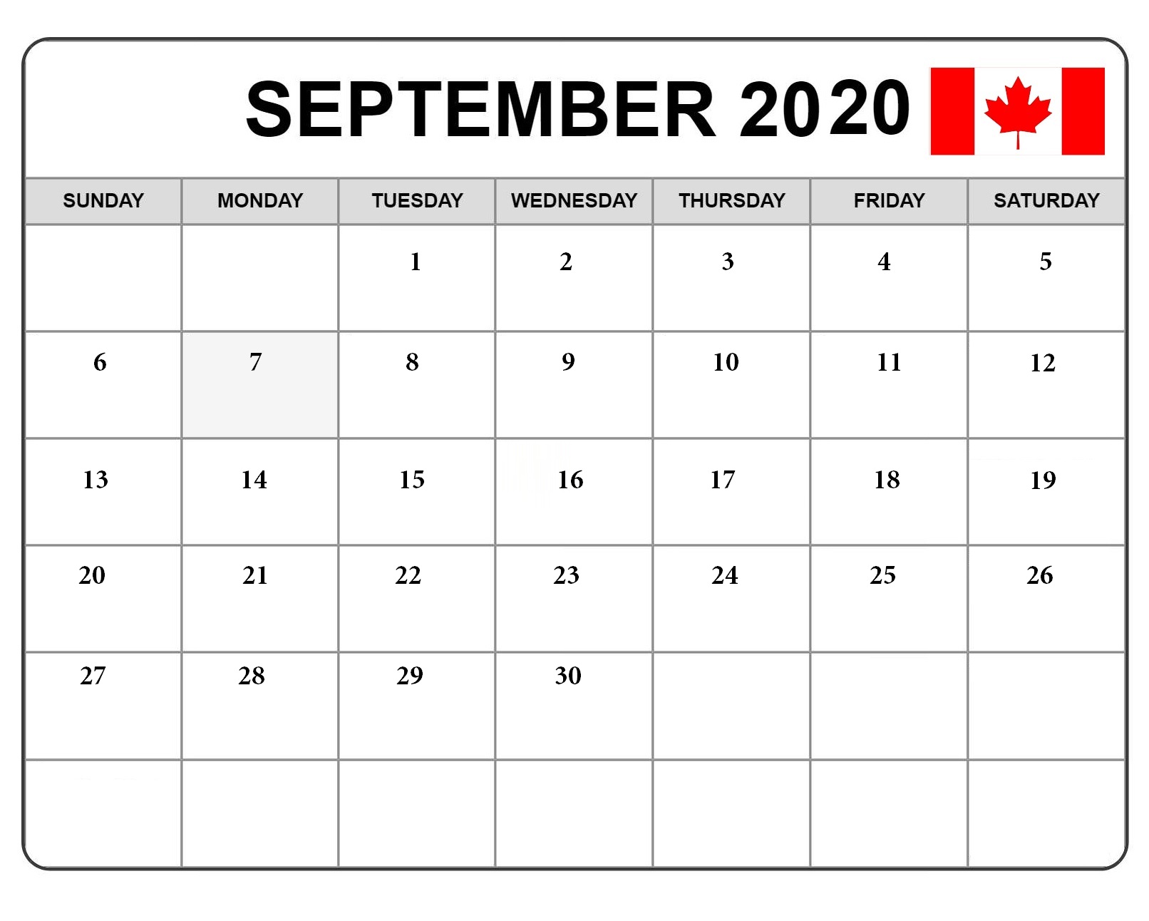 September 2020 Calendar Canada