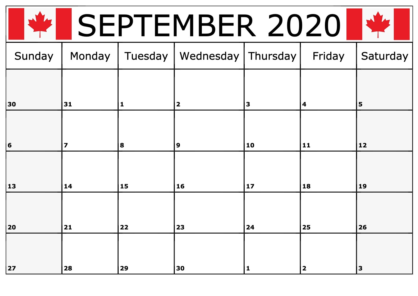 September 2020 Canada Bank Holidays