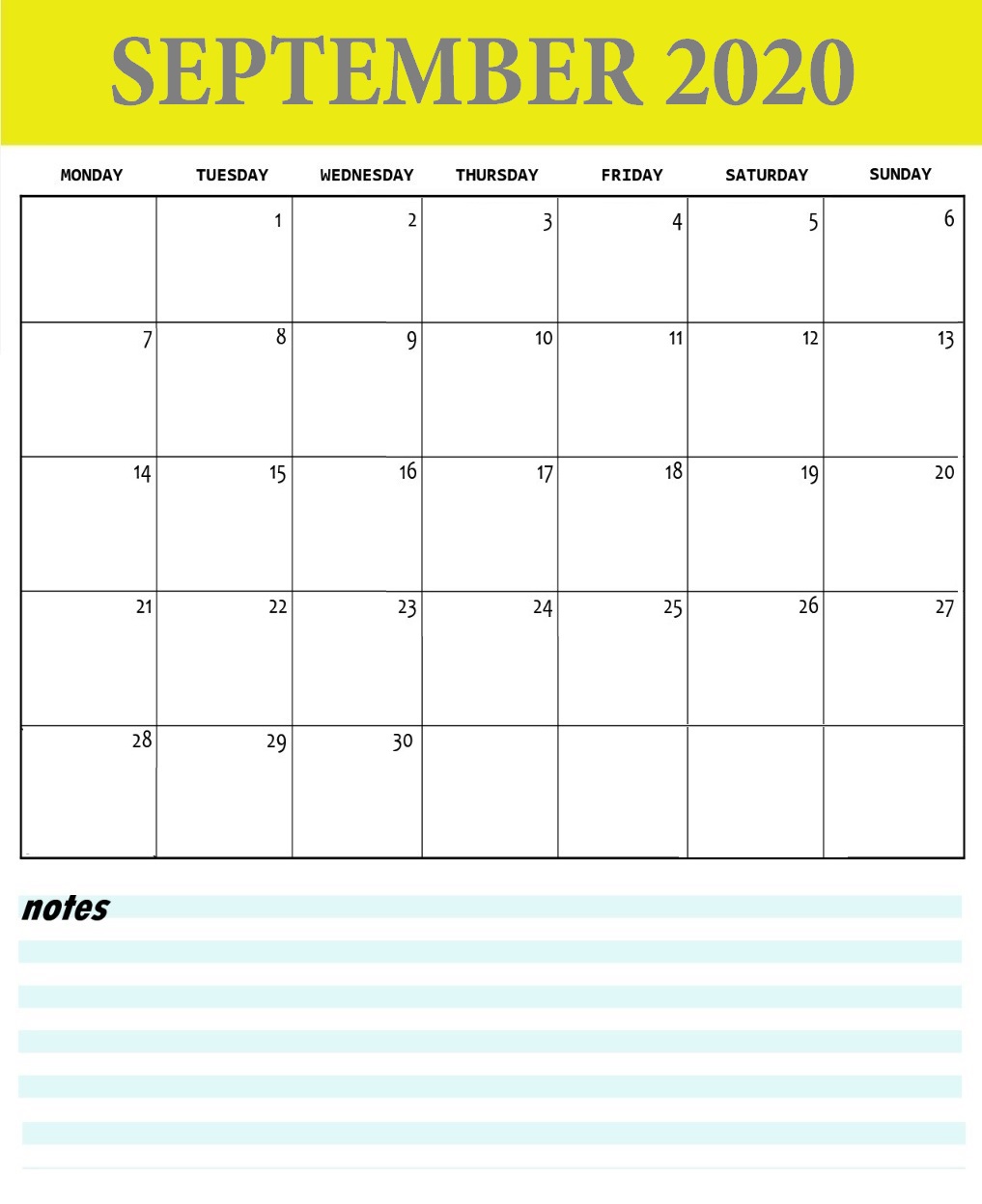 September 2020 Printable Wall Calendar