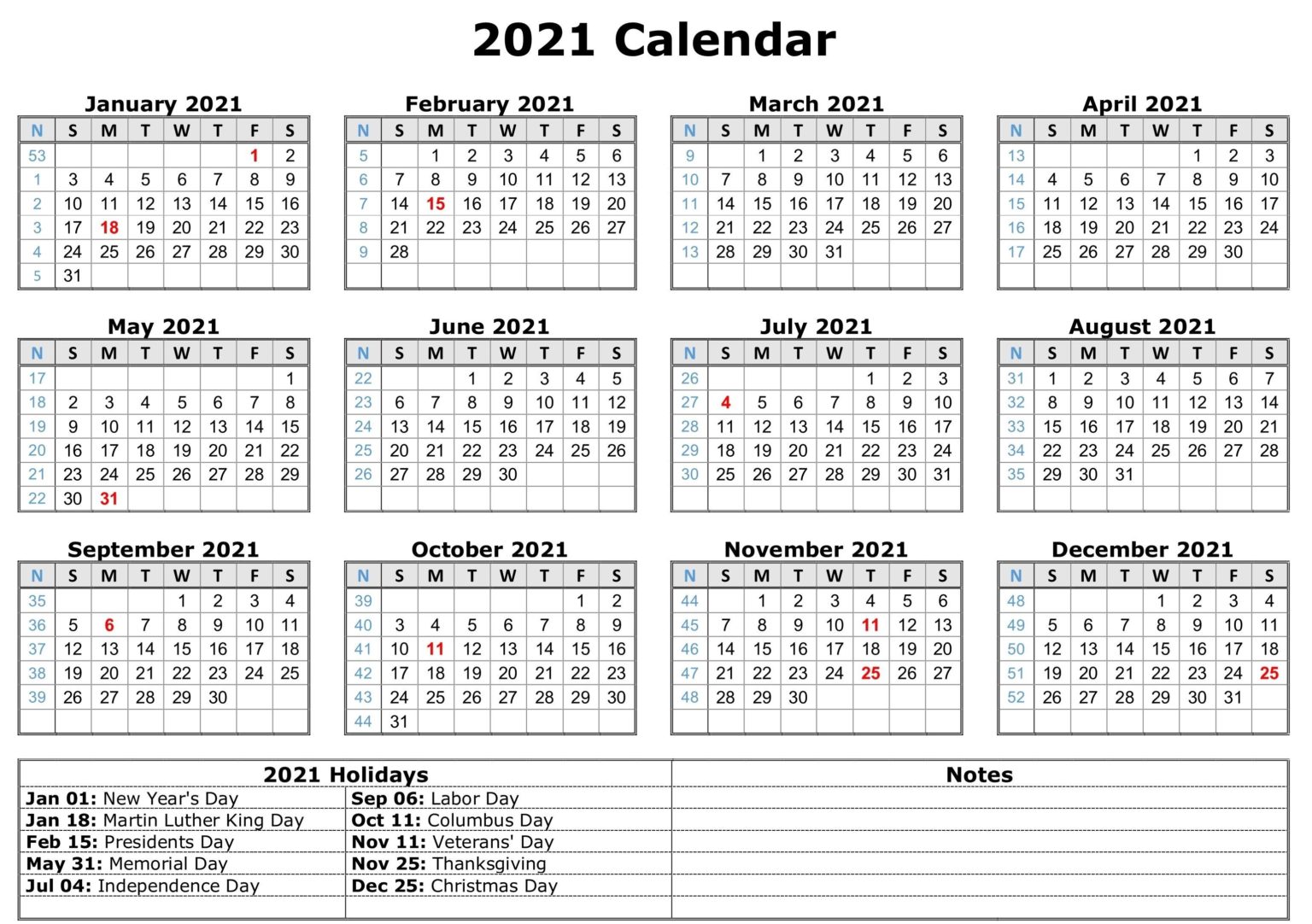 2021 Blank Holidays Calendar