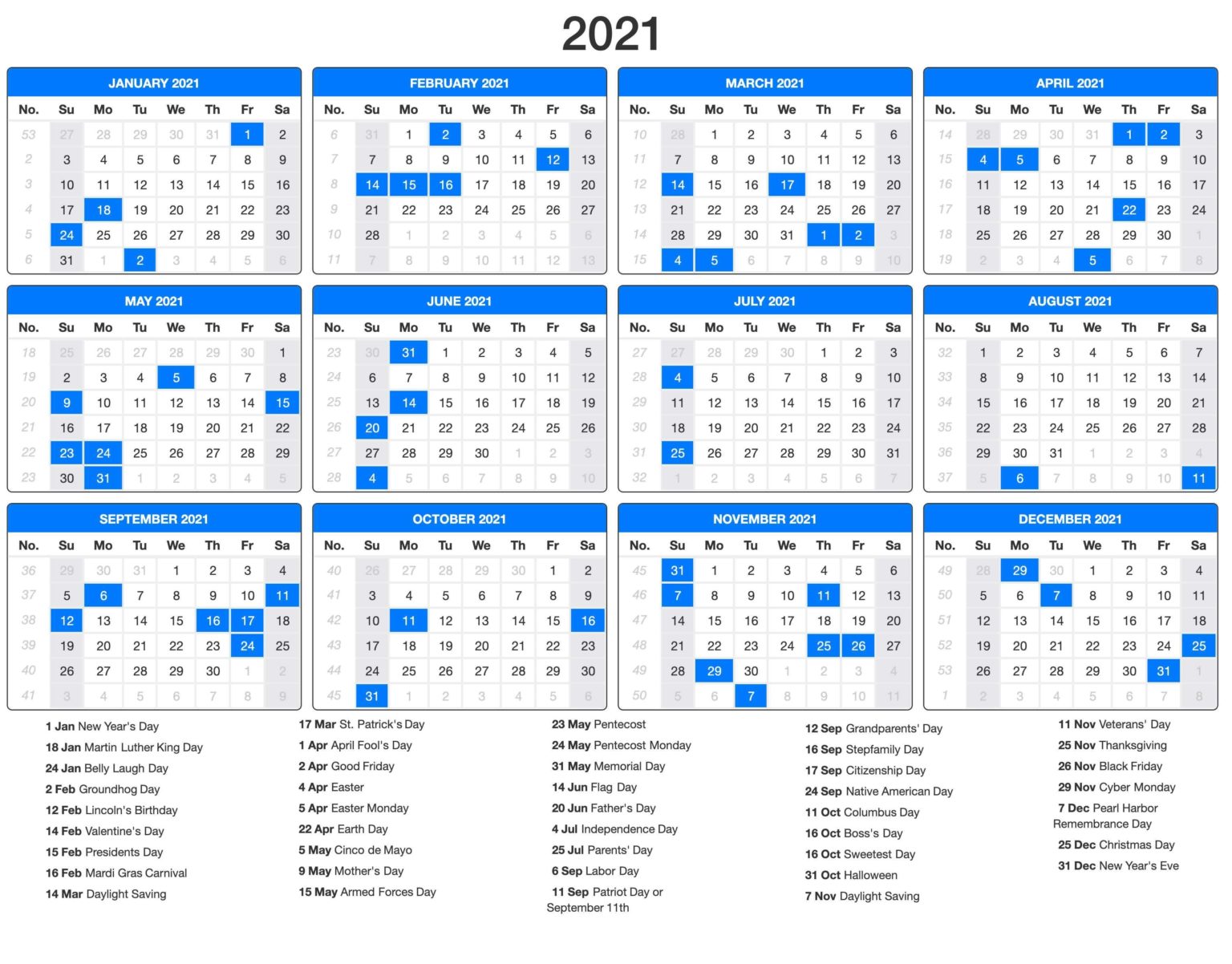 2021 Calendar with Holidays