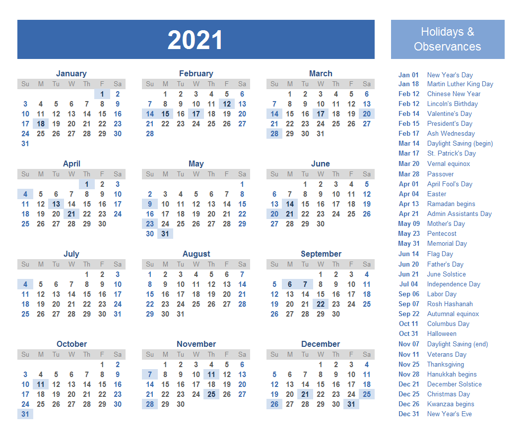 2021 Holidays Calendar Printable
