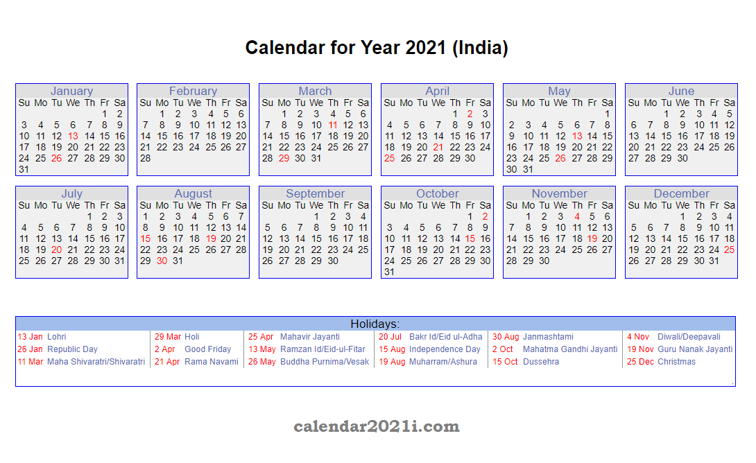2021 Indian Calendar Printable
