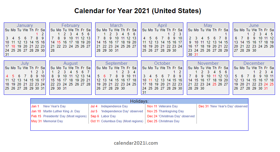 2021 Calendar with Holidays