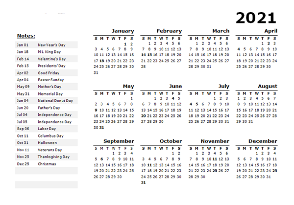 2021 US Holidays Printable Calendar
