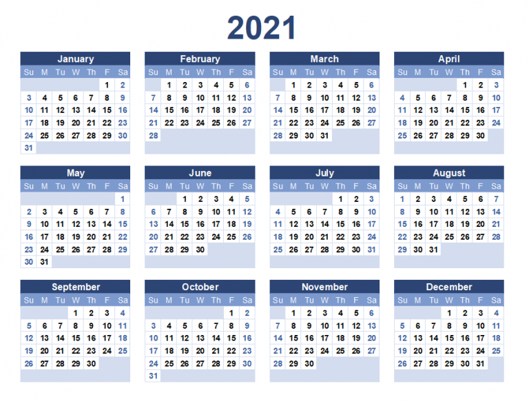 2021 Yearly Calendar Printable