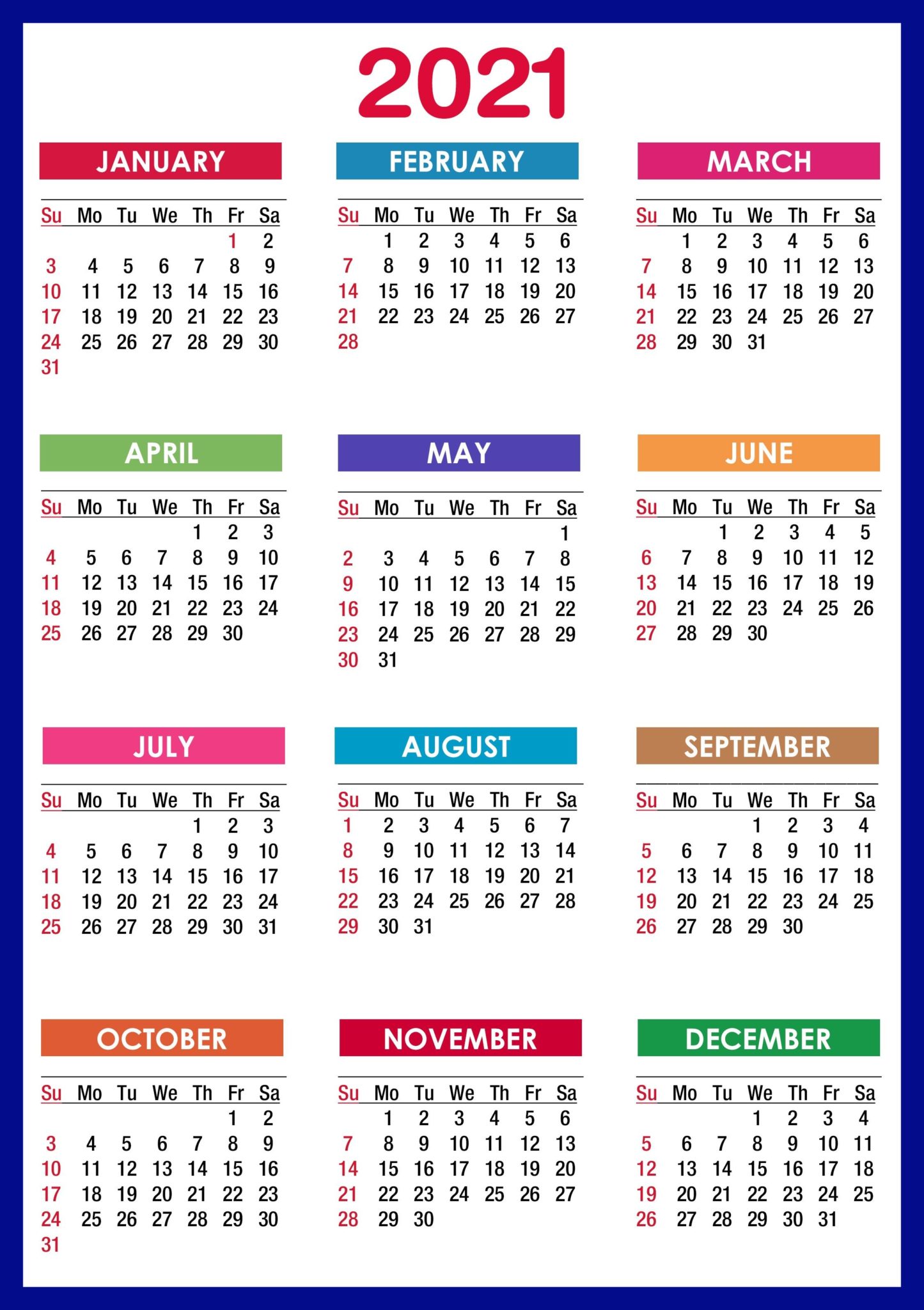 2021 Yearly Printable Calendar