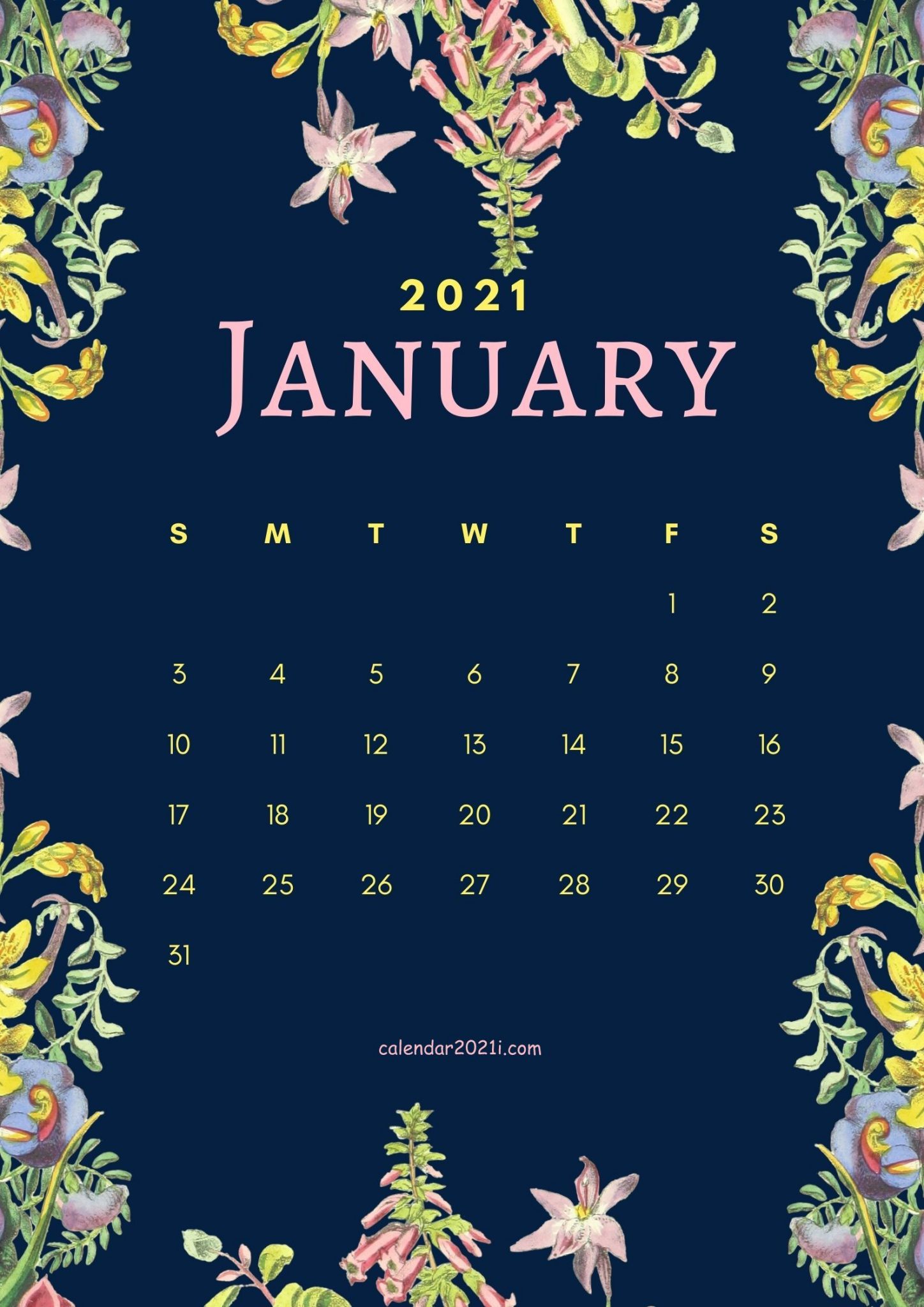 Floral January 2021 Calendar Printable