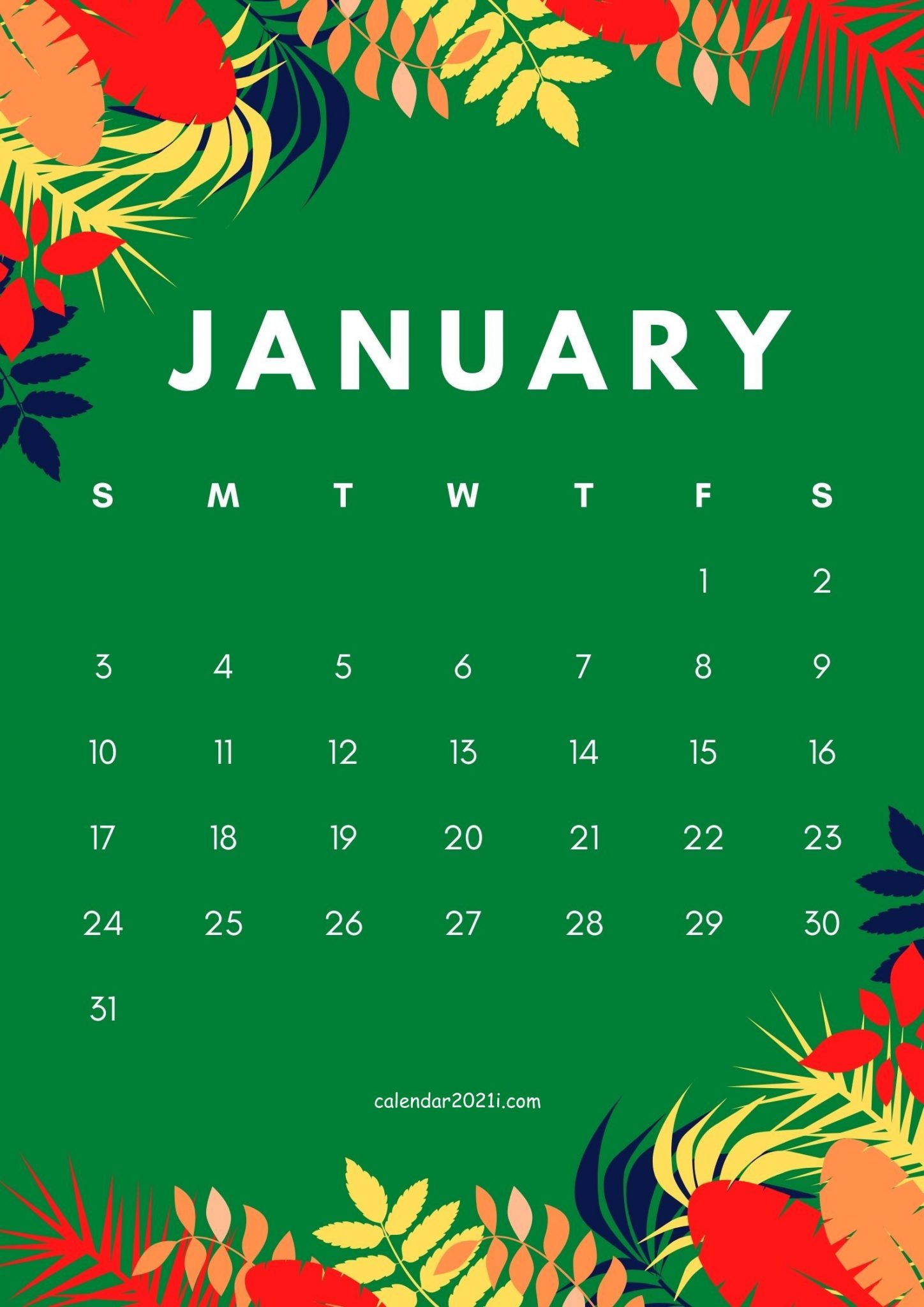 Floral January 2021 Calendar Printable Free Download