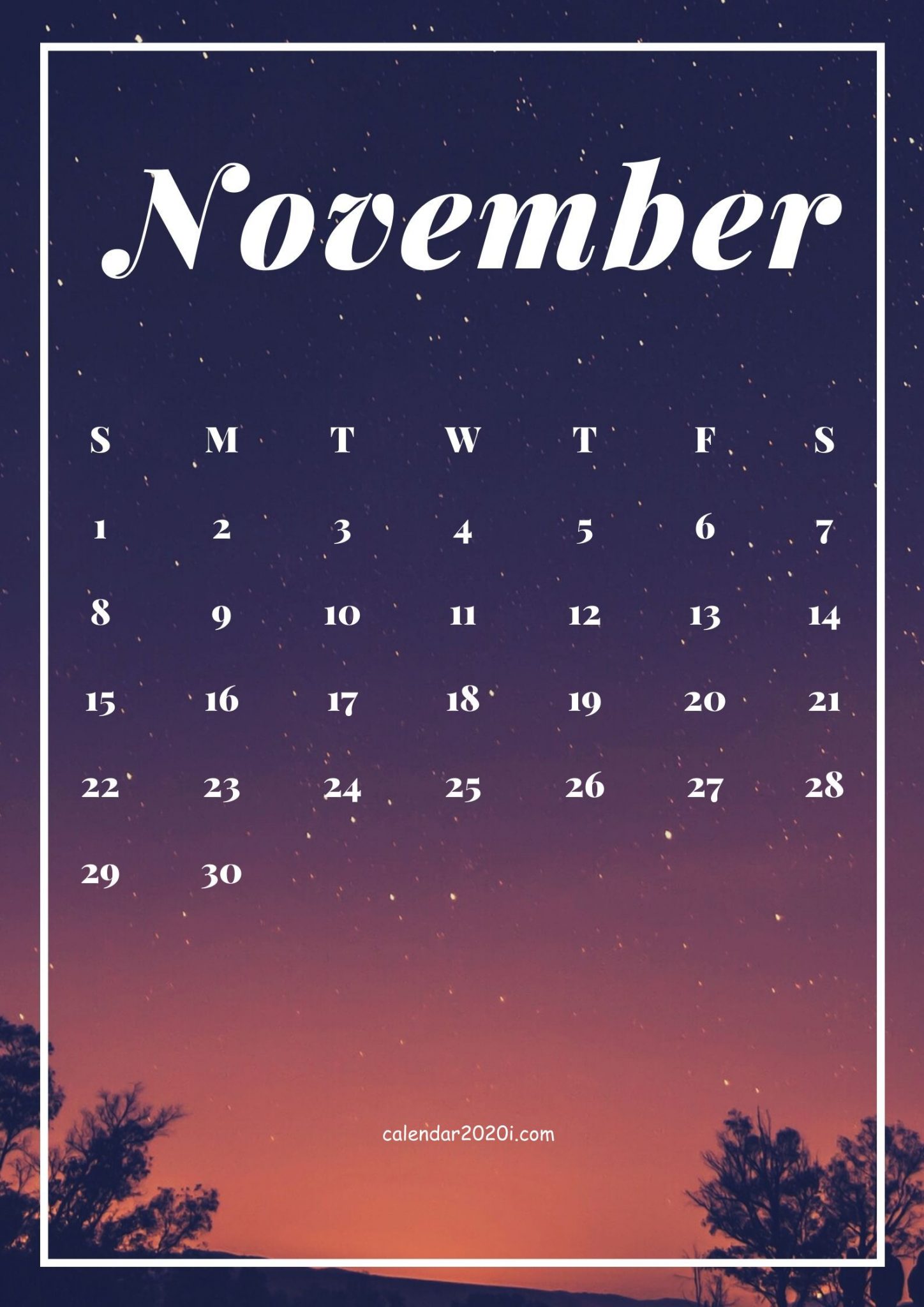 Free November 2020 iPhone Calendar Wallpaper