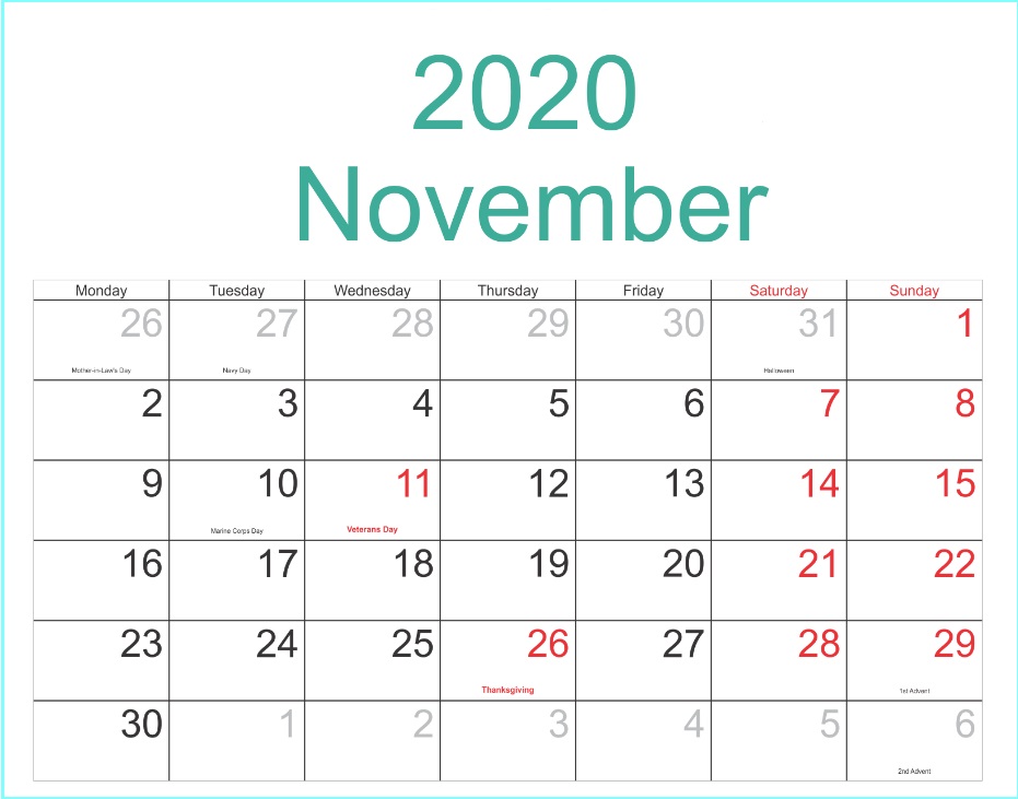 Blank November 2020 Holidays Calendar