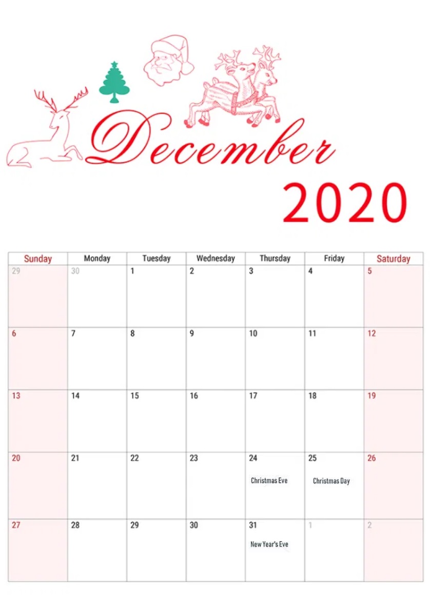 Cute December 2020 Holidays Calendar