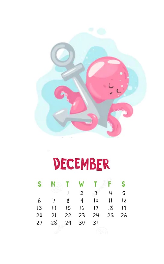 Cute Octopus December 2020 Calendar Designs