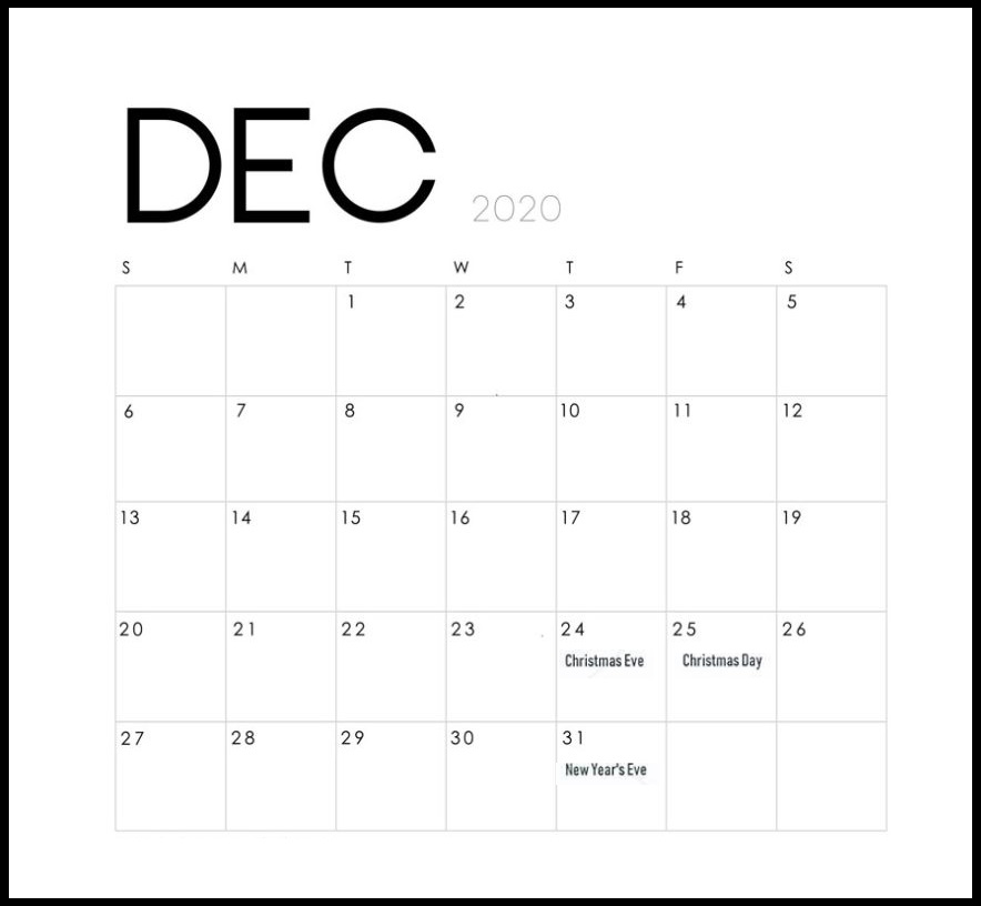 December 2020 Blank Holidays Calendar
