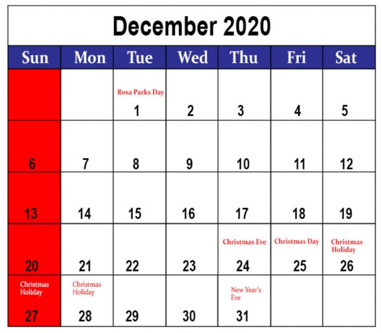 December 2020 Holidays Calendar