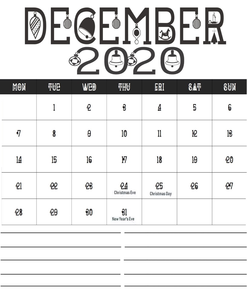 December 2020 Holidays Calendar Template