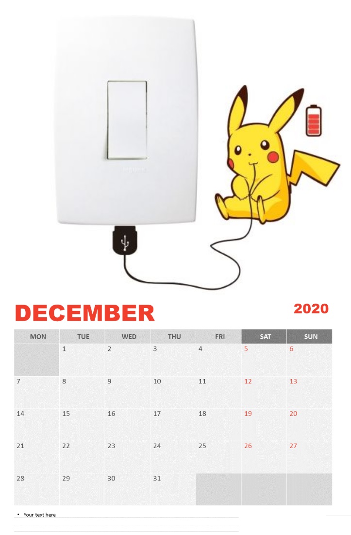 December 2020 Pikachu Wall Calendar