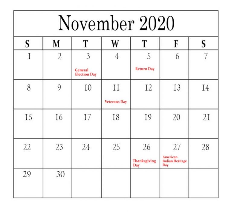 November 2020 Holidays Calendar