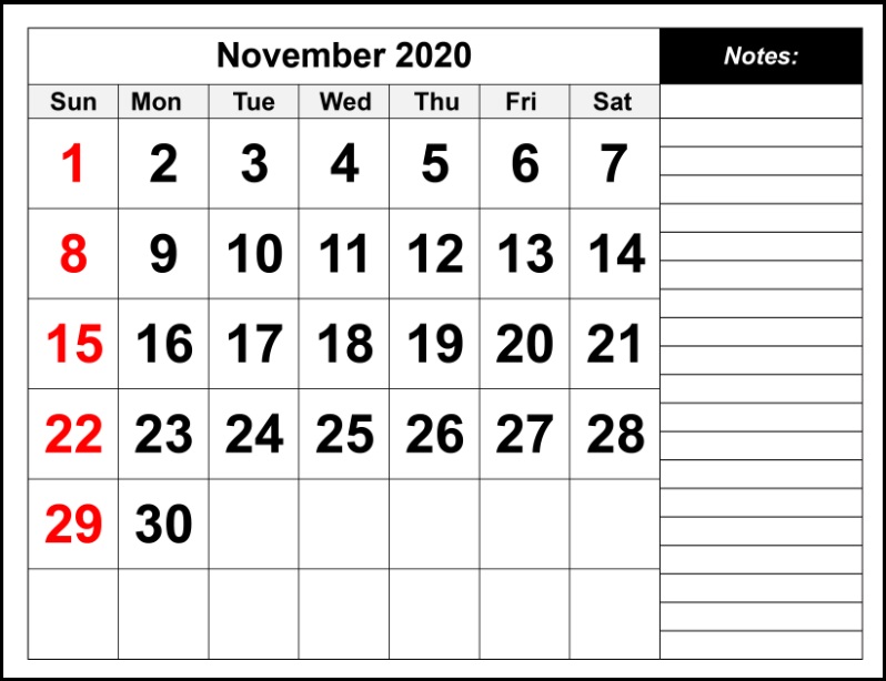 November 2020 Calendar For Desk