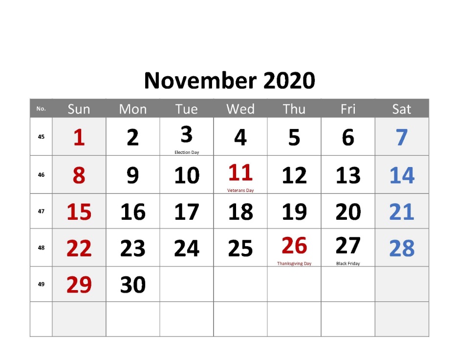 Printable November 2020 Holidays Calendar